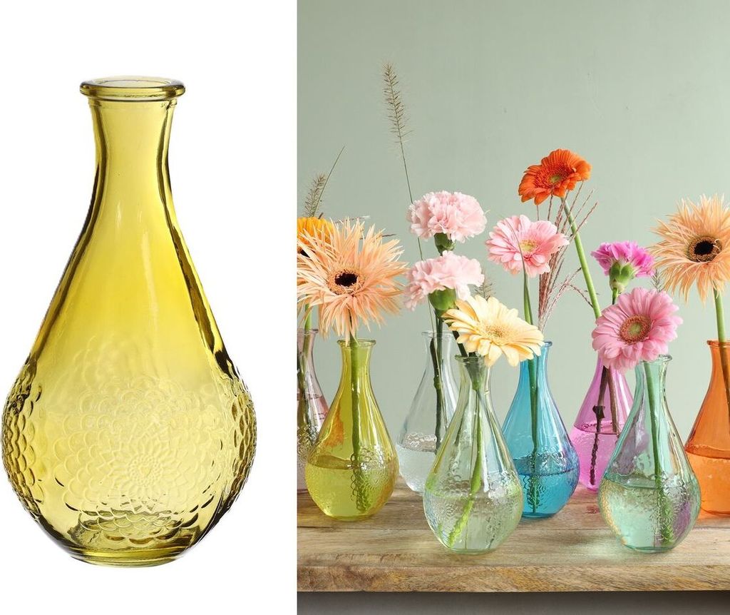 Glasvase mit Blumenmuster – Bunte Dekovase aus Glas in 8 Farben wählbar, Ø9x16 cm – Blumenvase mit Vintage-Flair für Frischblumen, Trockenbl...