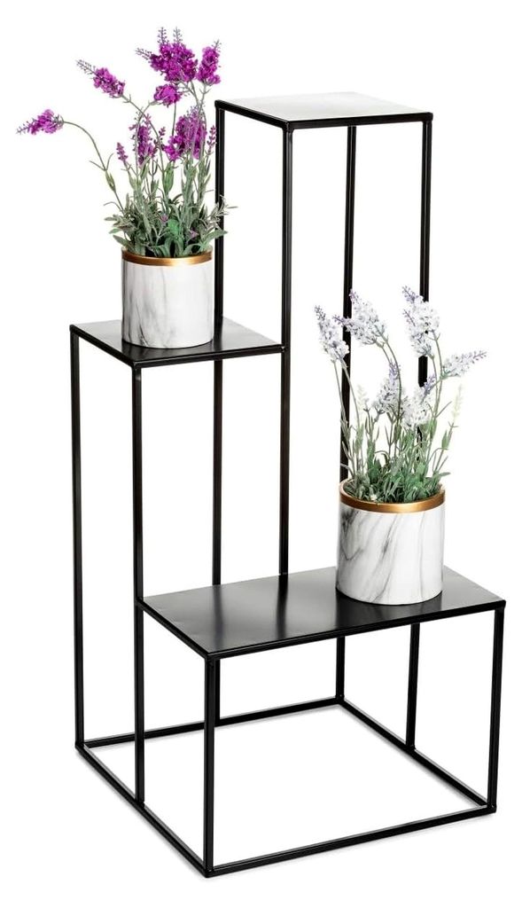 3-stufige Metall-Blumentreppe - Schwarz - Pflanzentreppe 85 cm hoch - Blumenregal mit 2 kleineren und 1 breiteren Platte - Blumenständer für die ...