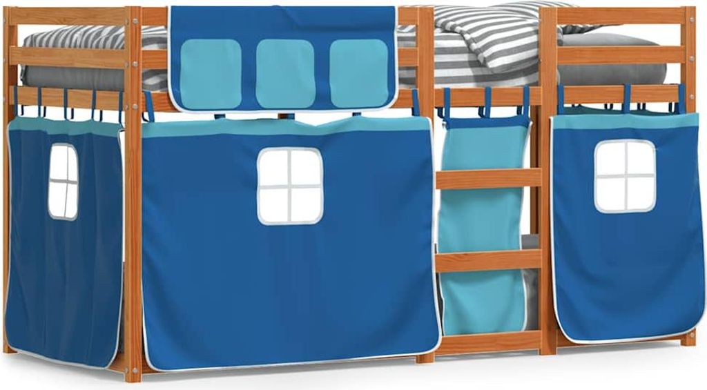 vidaXL Etagenbett mit Vorhängen Blau 90x200 cm Massivholz Kiefer