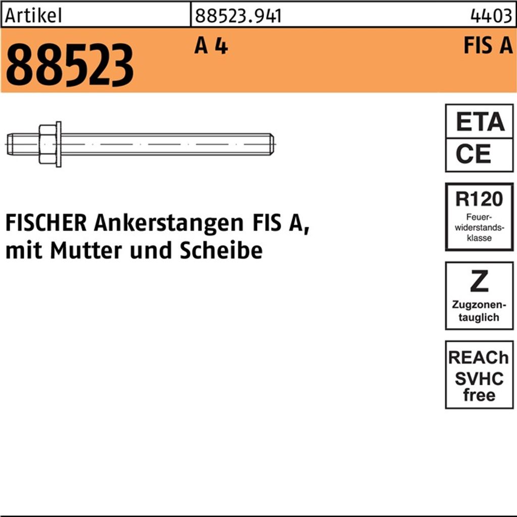 Fischer FIS A Gewindestangen M12 Länge 120mm mit Scheibe und Mutter, Edelstahl A4/R - 10 Stück