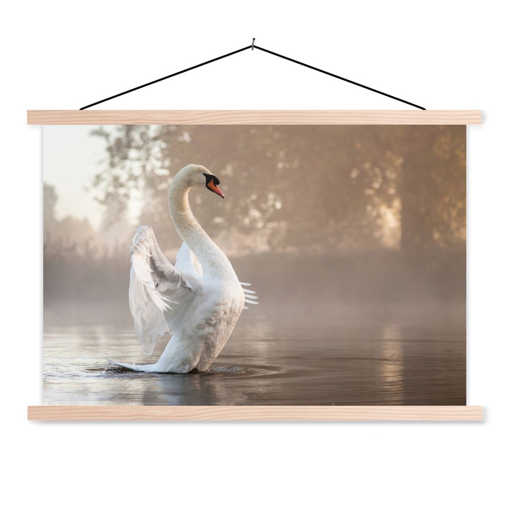 MuchoWow Textilposter Schwan - Nebel - Wasser 60x40 cm mit holzfarbenen Rahmen - Bilder
