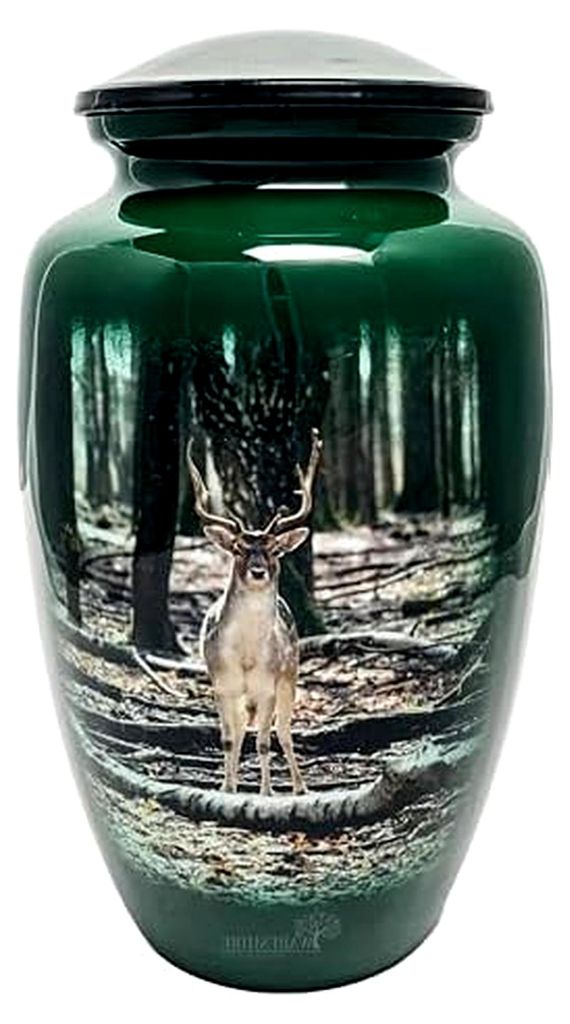 Aluminiumurnen mit Hirschmotiv im Wald für menschliche Asche, Einäscherungsurnen für Erwachsene, dekorative Gedenkurnen für Asche, groß für F...