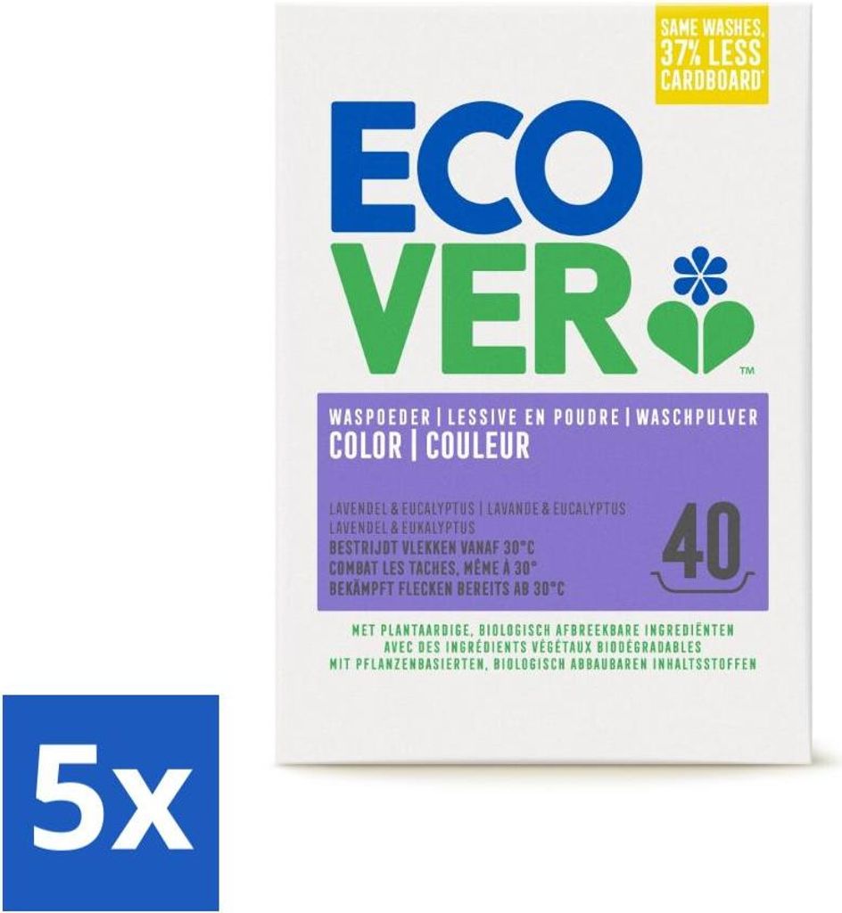 Ecover - Waschpulver Color - Für Buntwäsche - 3 kg - 40 Wäschen - Vorteilspack - 5 Stücke