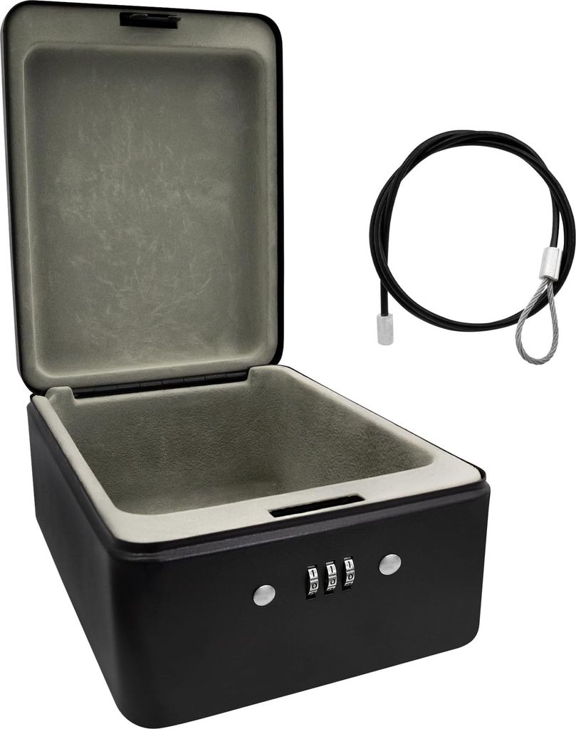 Idena 50119 - Sicherheitsbox aus Stahl, schwarzer Tresor mit Zahlenschloss und Sicherungskabel, ca. 20 x 15 x 6,5 cm