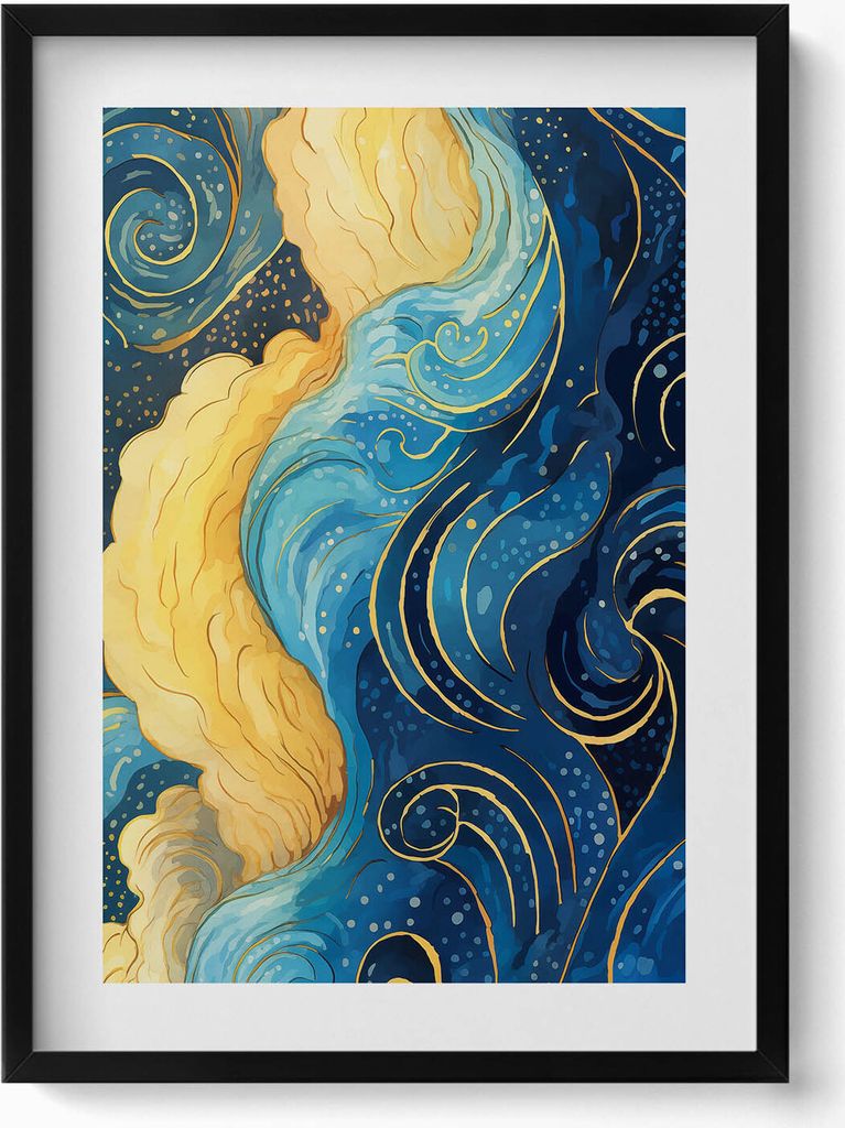 Wolkenabstraktion mit Gold– Wandbild mit Rahmen – Gerahmtes Bild – Wanddekoration – 50x70 cm – Schwarz Rahmen
