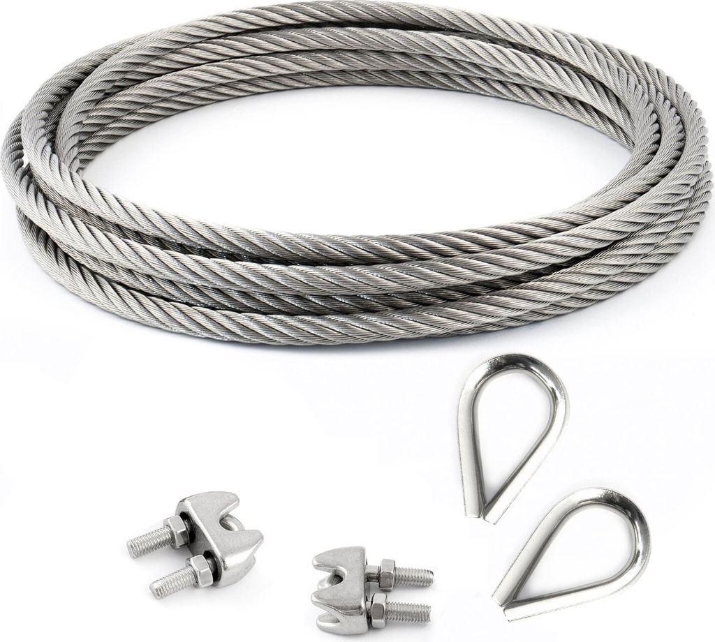 DRAHTSEIL EDELSTAHL + 2 SEILKLEMMEN + 2 KAUSCHEN 6mm 5 Meter 7x19 Edelstahlseil Seil Stahlseil