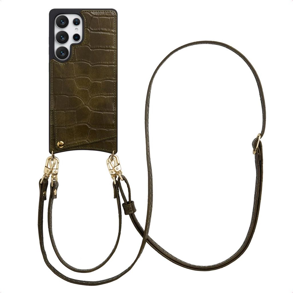 Selencia Nova Croco HandyHülle mit Kordel und Kartenhalter Samsung Galaxy S25 Ultra - Dark Olive