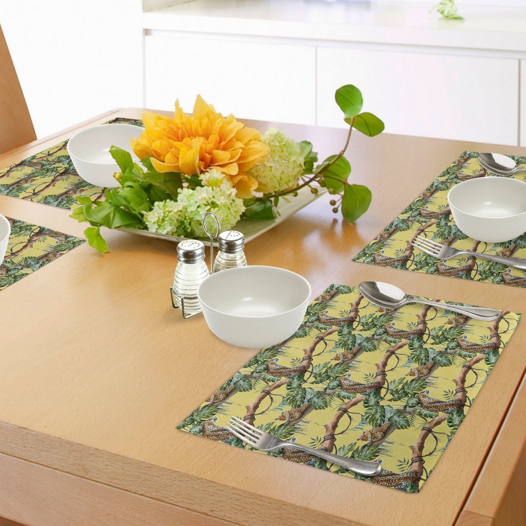 ABAKUHAUS Aquarell Platzmatten, Leoparden im Dschungel Tropical Scene Tree Branches und Blätter, Tiscjdeco aus Farbfesten Stoff für das Esszimmer...