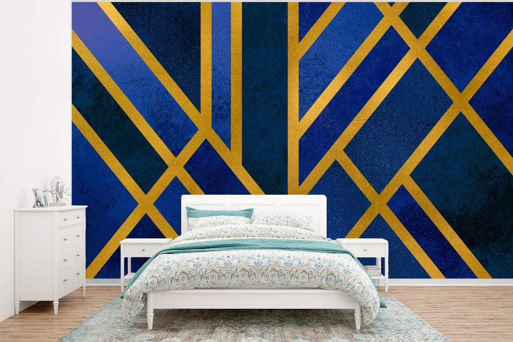 MuchoWow Fototapete für Wohnzimmer oder Schlafzimmer Wandtapete Vinyl Motivtapete Gold - Blau - Muster - Luxus - 400x300 cm - Papiertapeten