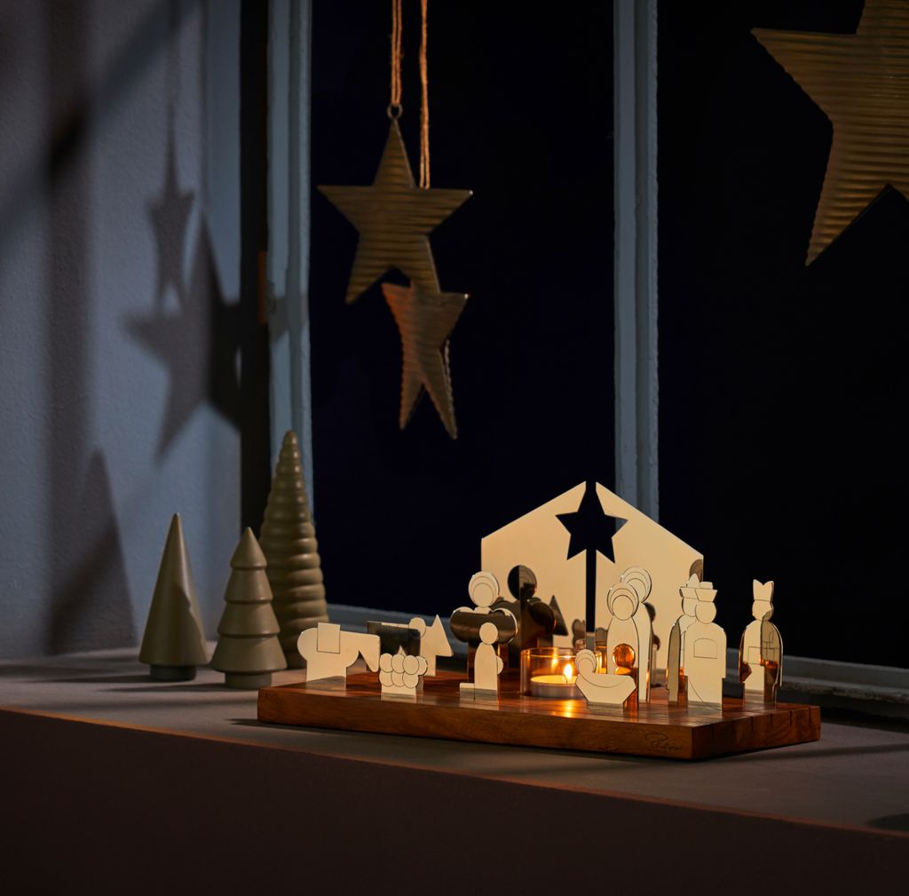 Bethlehem Krippe modern mit Edelstahl und Rosenholz-Glas-Basis