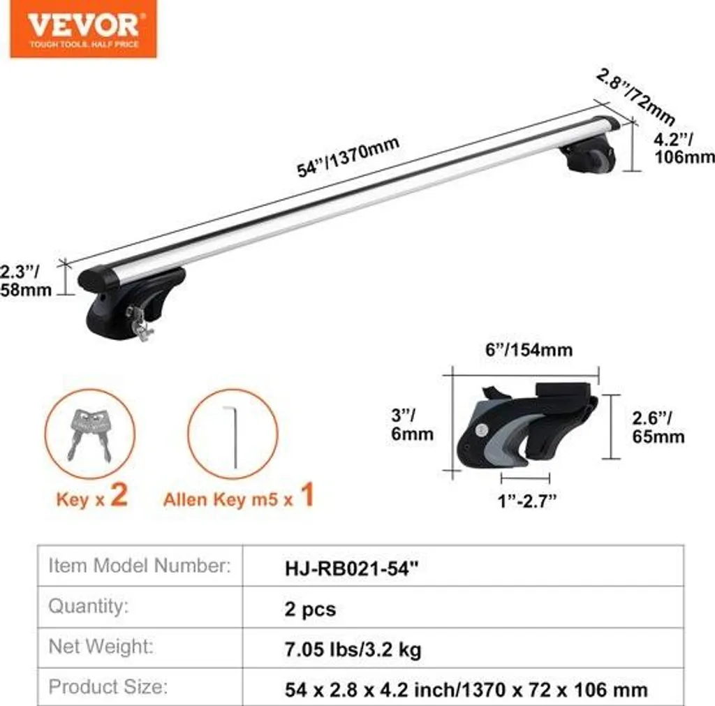 VEVOR 137 x 7,2 x 10,6 cm, capacità di carico 90,7 kg, portapacchi per auto universale, silenzioso e privo di vibrazioni, una volta bloccato rimane stabile e sicuro e offre il 100% di protezione contro i furti - 3