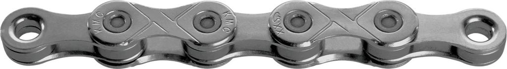 A close-up, studio shot of a bicycle chain against a white background.