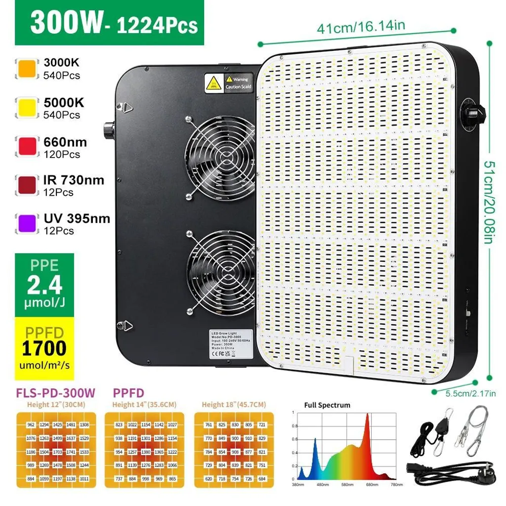 Lampe LED pour culture en intérieur 300W - Intensité variable et LED vert