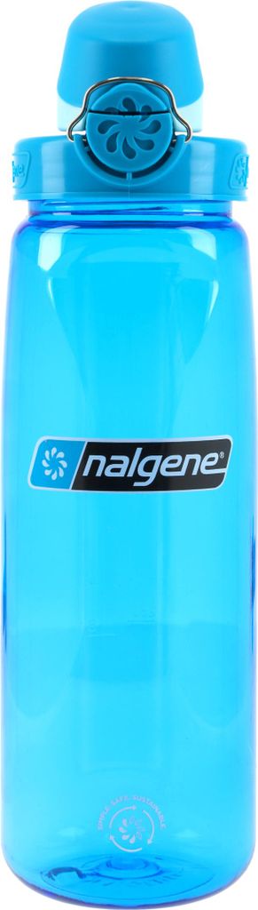 A blue Nalgene water bottle is shown against a white background.