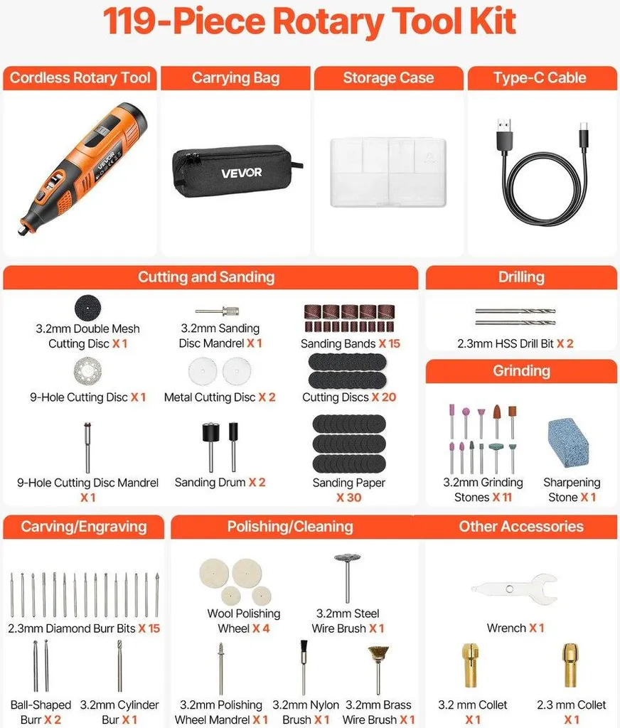 Kit utensili rotanti senza fili da 119 pezzi, mini utensile rotante portatile DC12V, 28 livelli di velocità 5000-32000 giri/min, utensili multiuso fai da te per incisione, levigatura, lucidatura, intaglio, taglio, lavori artigianali fai da te - 4