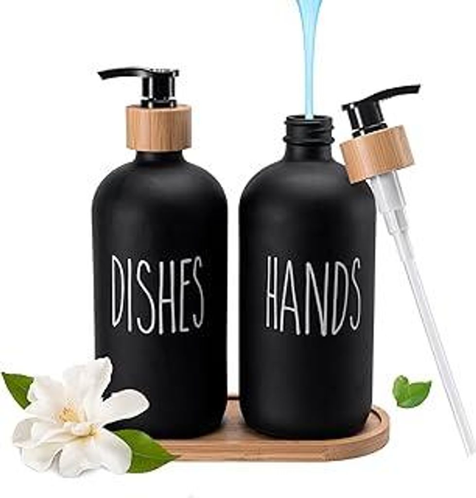 Glas Seifenspender Set,500ml Seifenspender Schwarz Matt Badezimmer Set, Shampoo Lotion Handseifenspender für Küche Arbeitsplatte