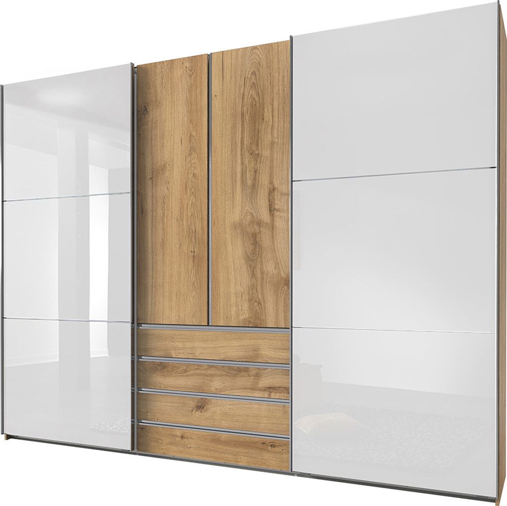 Kleiderschrank Eiche, Schwebetüren mit Glasfront weiß, MIDLAND-43
