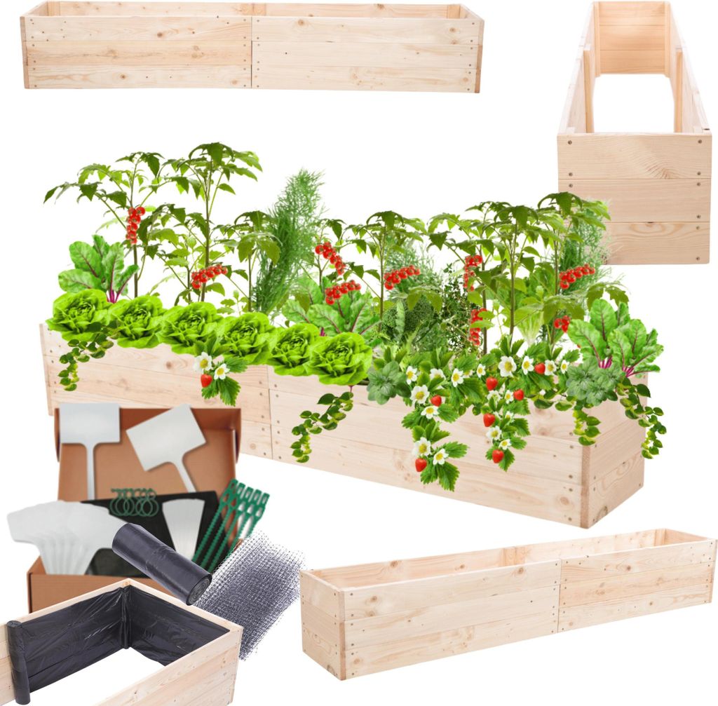 MODO24 Hochbeet Holz, Pflanzkasten, Massivholz, Kiefer, Kräuterbeet, Blumenkasten, Garten, Terrasse, 27x237x30 cm, Natur, ZP06