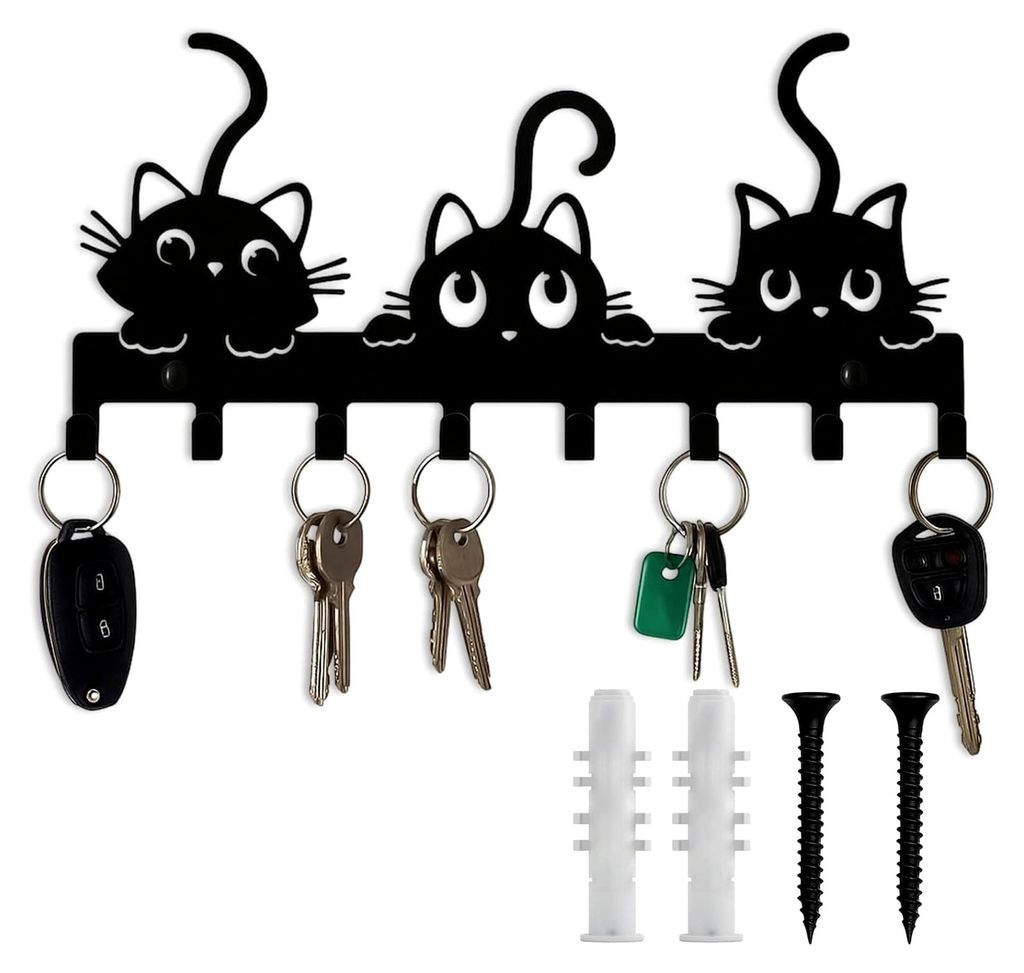 Schlüsselbrett aus Metall mit Katzenkunst-Muster, Hakenleiste für Schlüsselaufbewahrung, Dekoration für Flur und Wohnung, inklusive Befestigung...