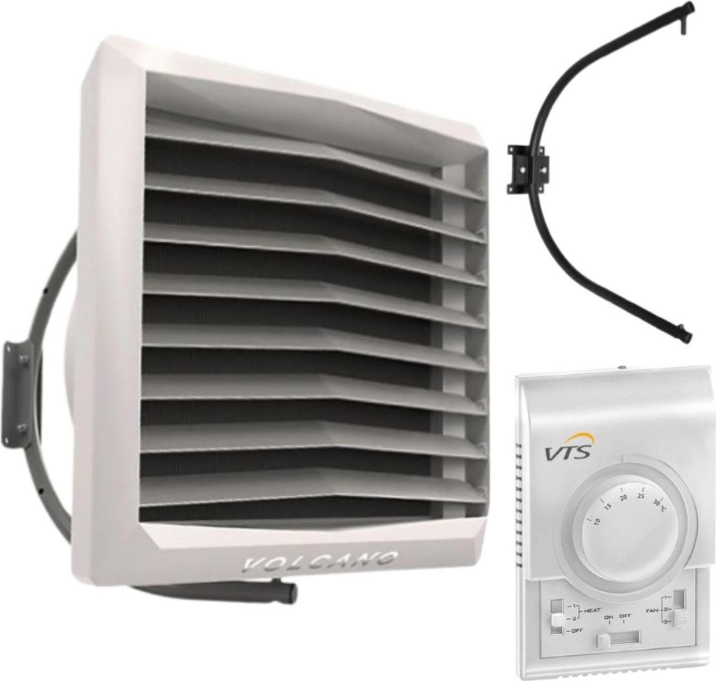 A white industrial heater unit with a black mounting bracket and a white thermostat are shown against a white background.