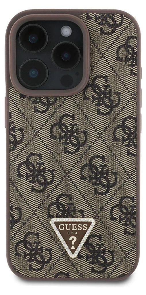 A close-up view of a phone case with a repeating Guess logo pattern.