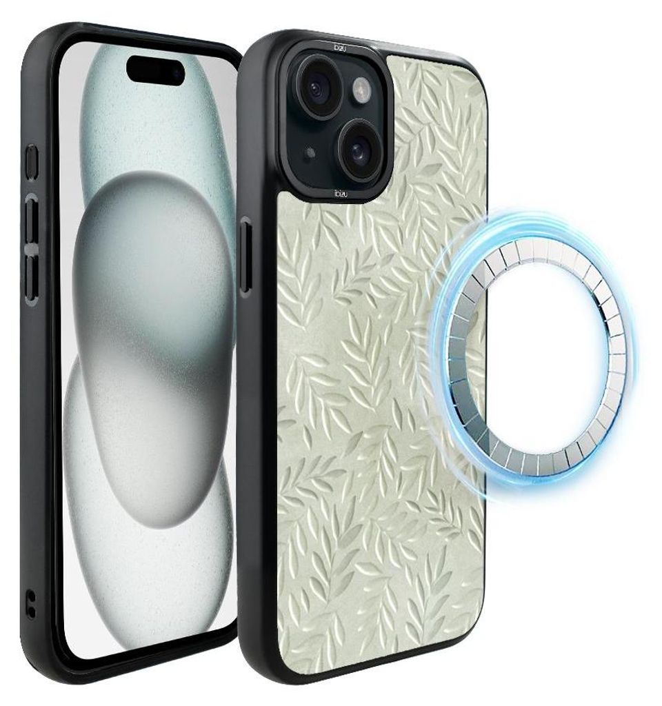 Schutzhülle für das iPhone 15 Plus, MagSafe-kompatibel, mattschwarze Seiten, Olivenblätter