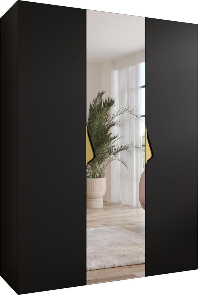 MEBLE KRYSPOL Schrank 150x202x52 cm mit Kleiderstange & Spiegel, 3xTür, SANDI, Schwarz, Griff Gold