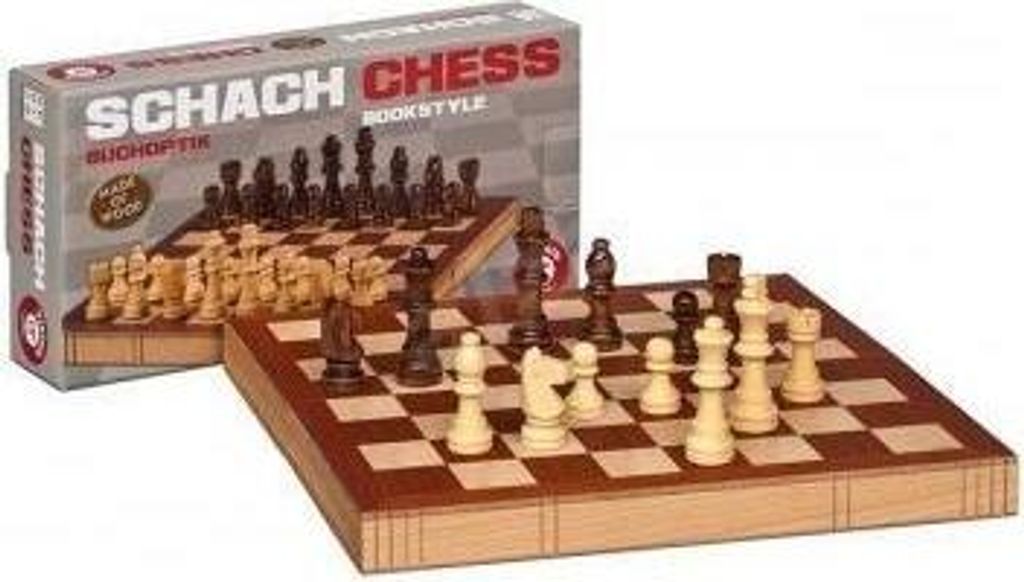 Schach-Holzkassette mit Stauntonfiguren, klappbar, Buchoptik
