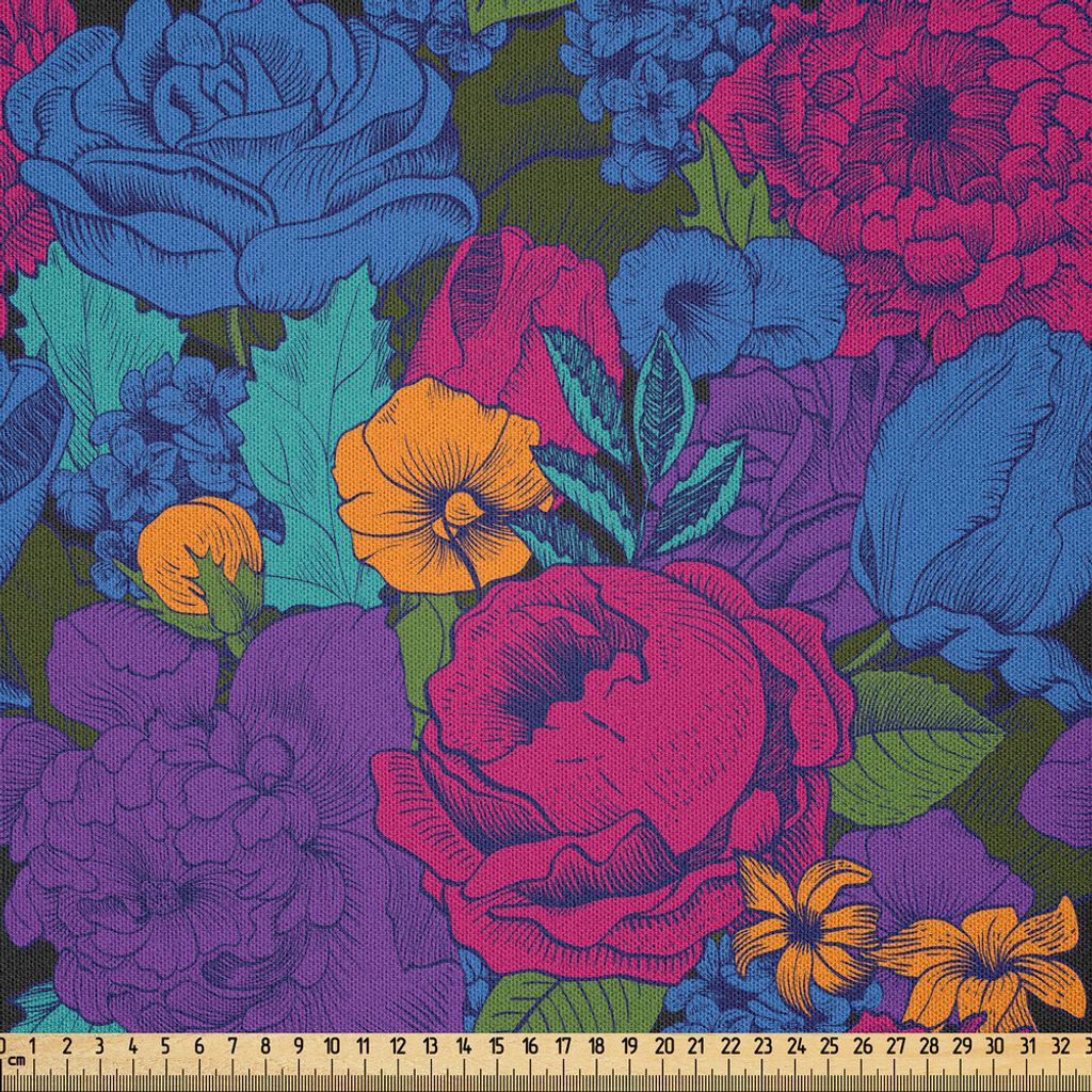 ABAKUHAUS Blumen Microfaser Stoff als Meterware , Vintage üppiger Blumenstrauß-vibrierende schäbige schicke Blüte im exotischen Boho tont Schö...