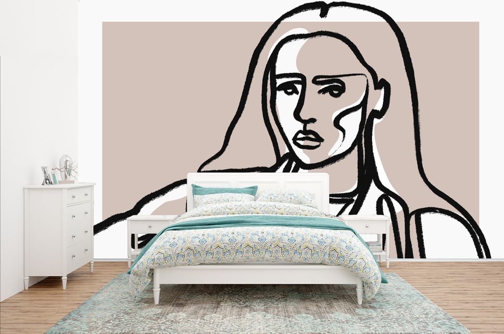 MuchoWow Fototapete für Wohnzimmer oder Schlafzimmer Wandtapete Vinyl Motivtapete Porträt - Frau - Strichzeichnung - Pastell - 400x240 cm - Gem...