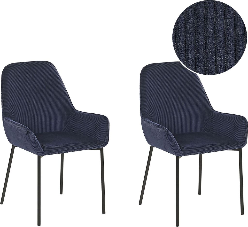 BELIANI Esszimmerstuhl 2er Set Dunkelblau Cord mit Schwarzen Metallbeinen Niedrige Armlehnen Retro-Design Polsterstuhl für Esstisch Wohnzimmer Küche