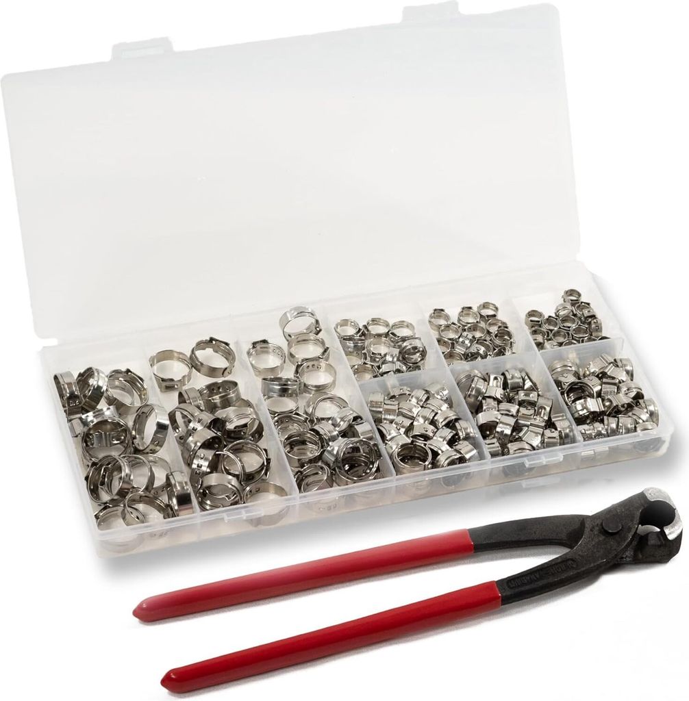 170 Stück Edelstahl 1 Ohr Schlauchschellen, Leitungs, Schlauchklemmen Sortiment Set 5,8 - 21 + 1x Schlauchschellenzange Set Satz