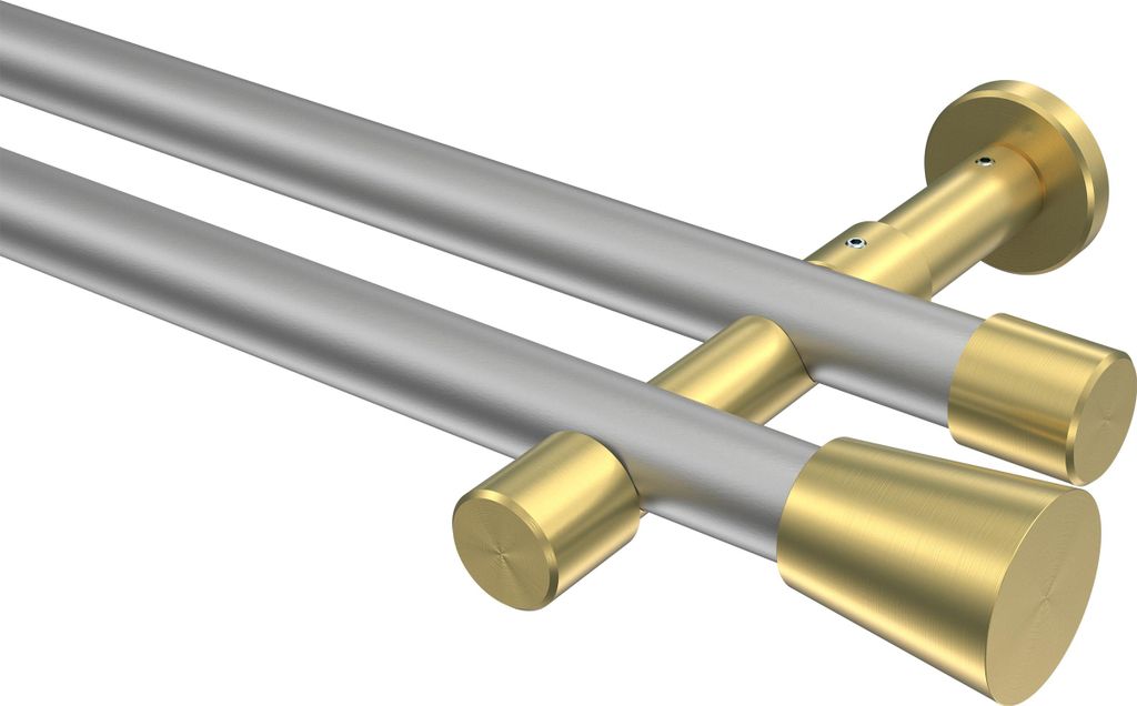 Interdeco Gardinenstange / Vorhangstange Silbergrau / Messing-Optik, Typ Prestige Sitra (Konus) ohne Ringe, 20 mm Ø 2-läufig, 600 cm