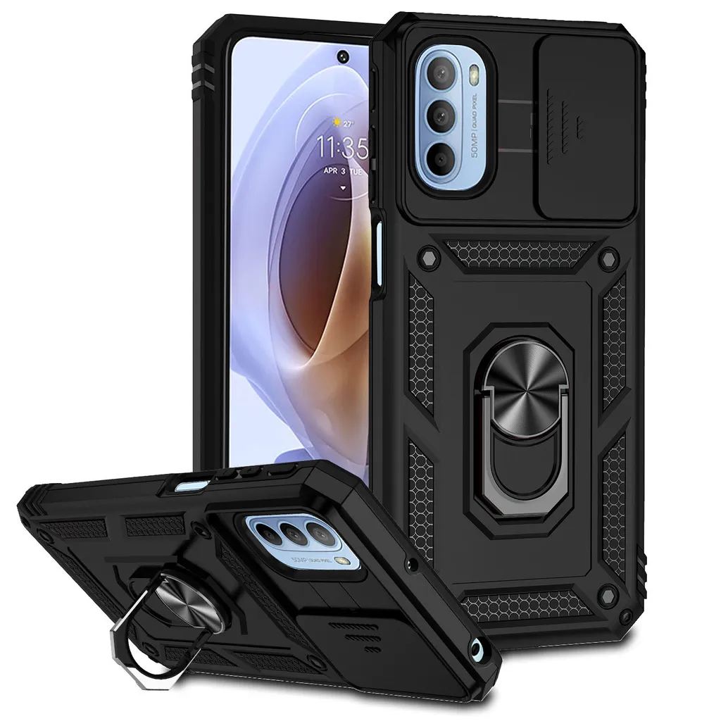 Custodia per Motorola Moto G31 a doppio strato con copertura scorrevole della fotocamera e supporto ad anello nero