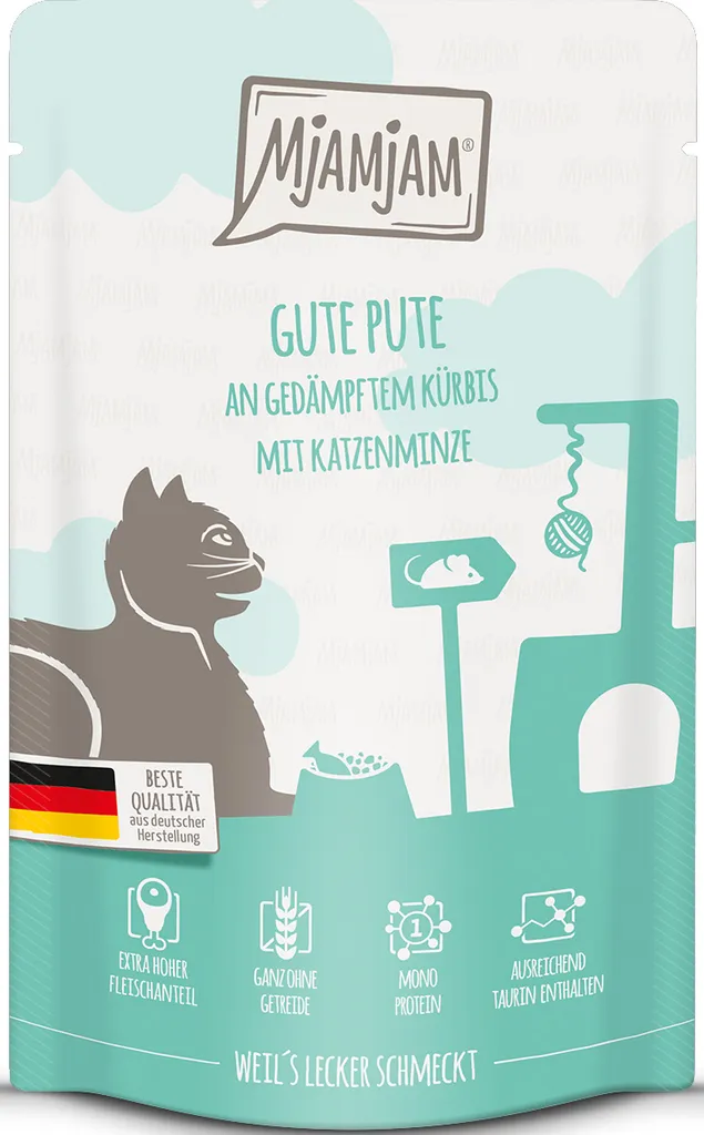 Pâtée pour Chat Sans Céréales Dinde et Courge Mjamjam Quetschie 12x125g
