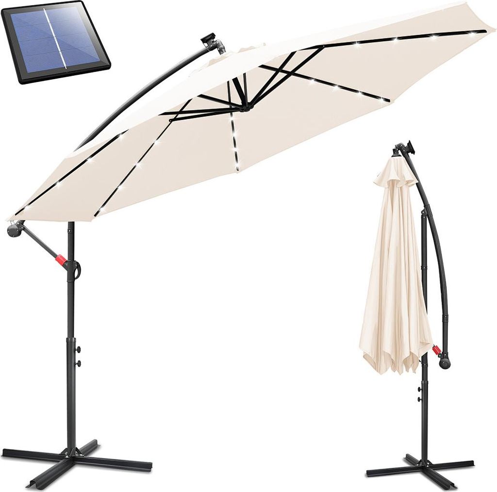 Izrielar Sonnenschirm 3,5m Beige mit LED Licht, Gartenschirm mit Kurbel, UV 50+ Sonnenschutz, kippbar & stabil, inkl. Kreuzfuß