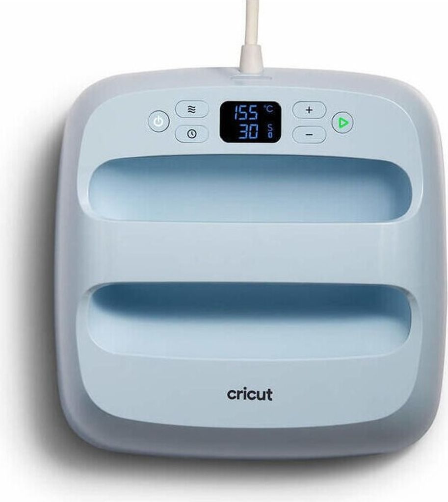 A light blue Cricut Easypress 3 heat press machine is shown from a front-facing diagonal angle against a white background.