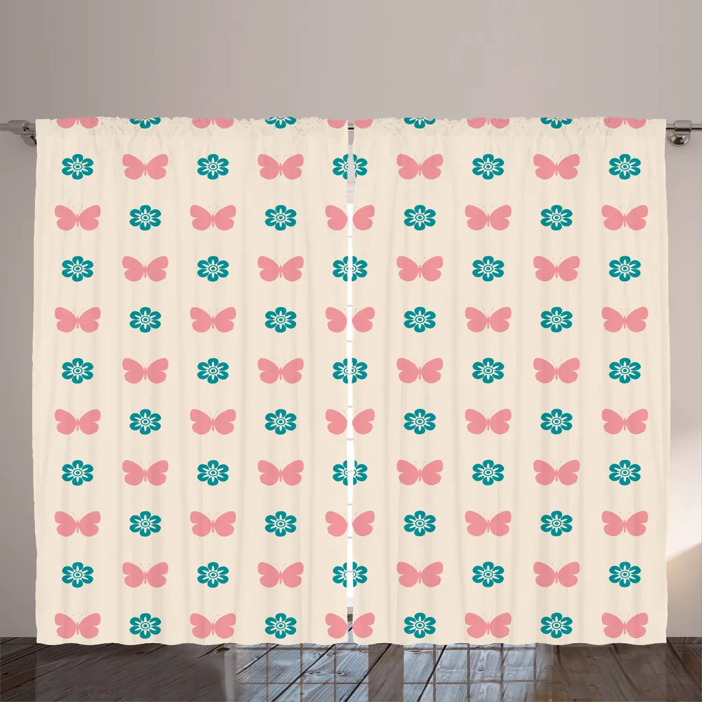 Paire de Rideaux de Salon Motifs Papillons et Fleurs Bleu et Corail