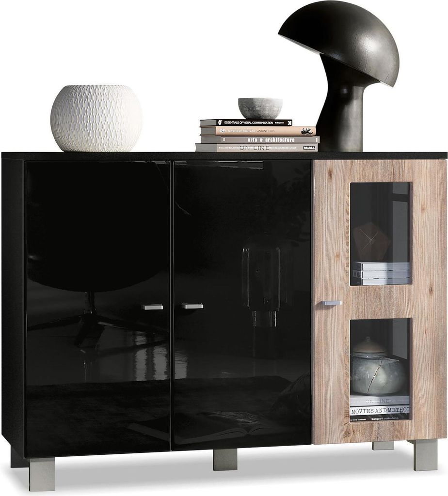 Vladon Sideboard Denjo, Germany, Kommode mit 3 Türen, Schwarz matt/Schwarz Hochglanz/Eiche Nordic (107 x 81 x 35 cm)