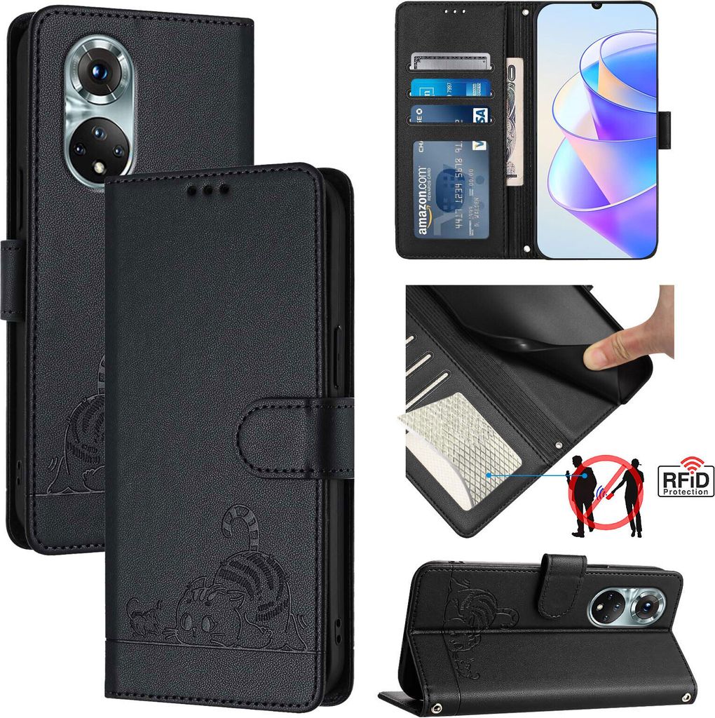 Leder Hülle für Huawei Nova 9/Honor 50 Süße Katze Flip Case Brieftasche Schutzhülle mit Standfunktion Schwarz