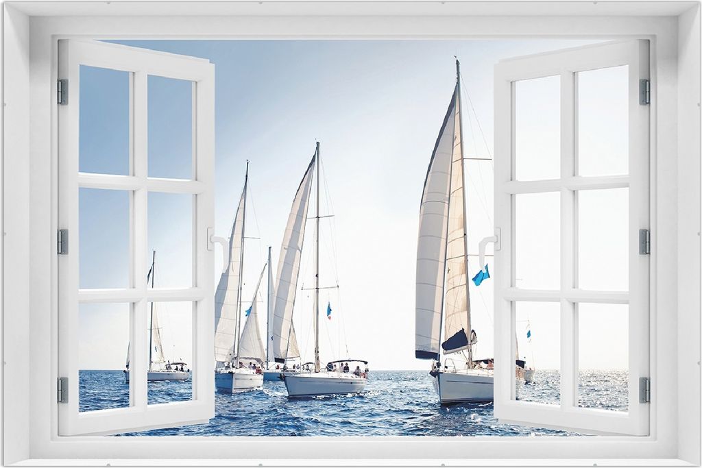 Wallario Wandbild mit Fenster-Illusion: Segelschiff auf dem Meer, Größe: 61 x 91,5 cm, Poster mit rahmenlosen Bildhalter