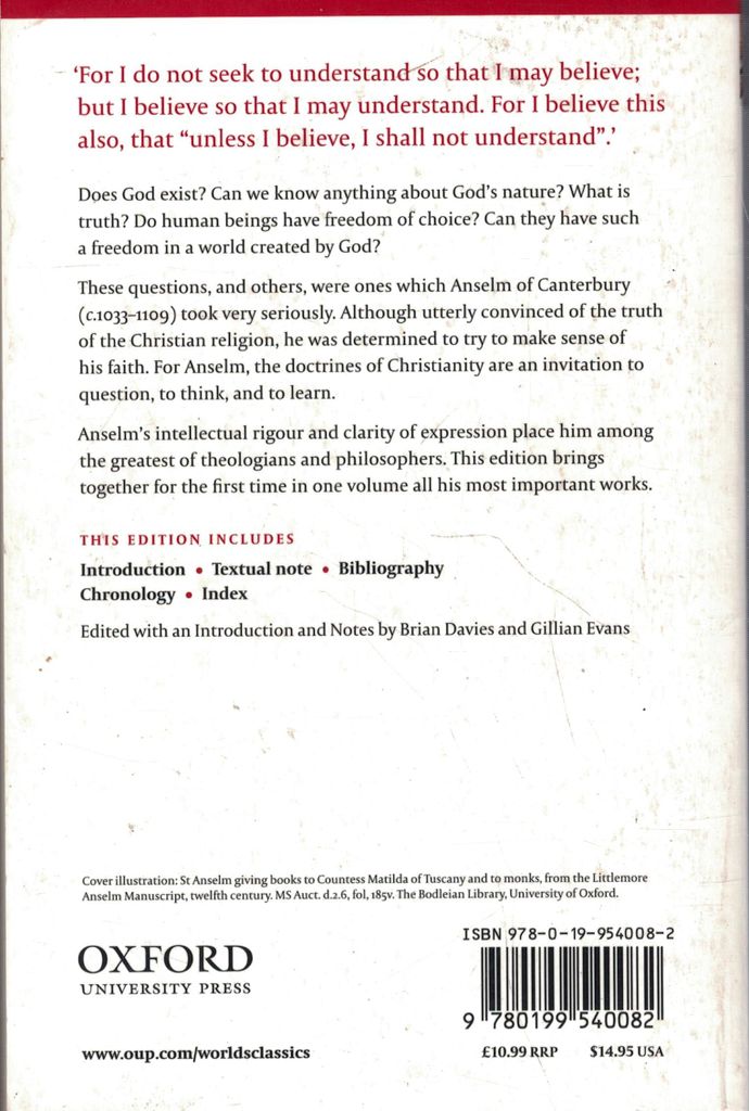 Anselm of Canterbury, the Major Works (Oxford World's Classics)