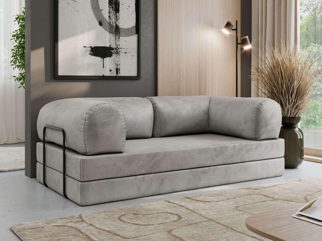 MKS MEBLE Schlafsofa 3-Sitzer ORSETTO 200 cm Sofa mit Schlaffunktion & Metallrahmen Modernes Design Ausziehcouch, HR-Schaum - Hellgrau Velvet