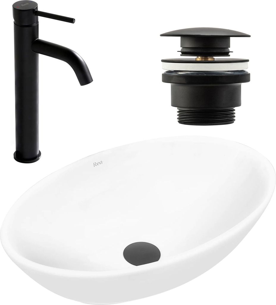 A white oval basin, a black faucet, and a black drain assembly are displayed against a white background.