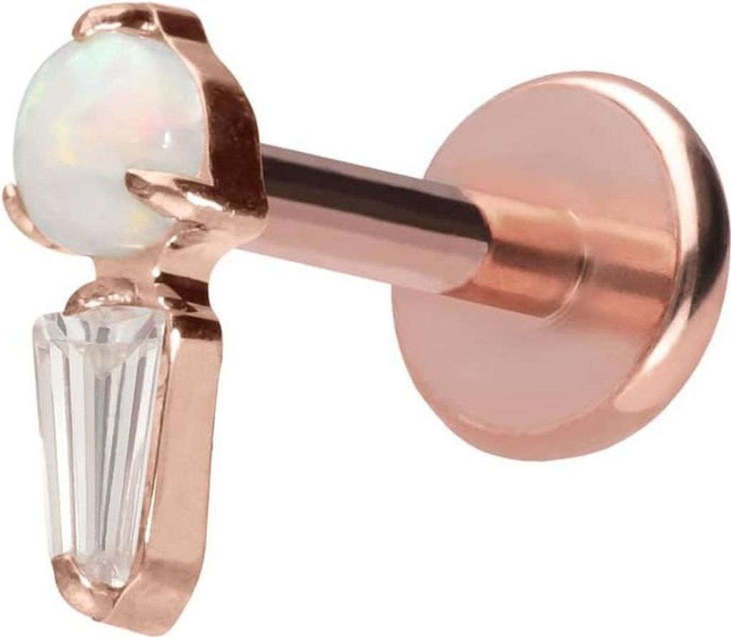 Ohrpiercing, Nasenpiercing Titan Labret mit Push Fit SYNTHETISCHER OPAL + KRISTALLRECHTECK RoséGold Stablänge: 8mm | Stabstärke: 1mm