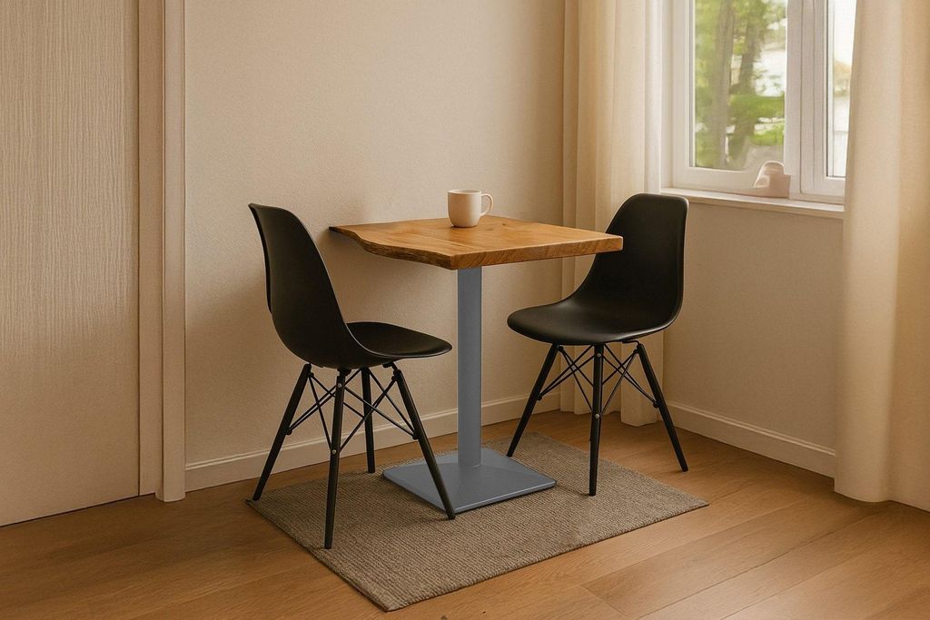 Bistrotisch Baumkante massiv Akazie natur 75 x 75 cm Stempelfuß Silber IRIS