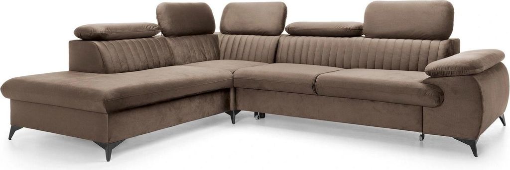 Ecksofa VETTO Monolith 15 Hellbraun Schokobraun Samt Velours Schlafsofa Bettkasten Verstellbare Kopfstützen Links