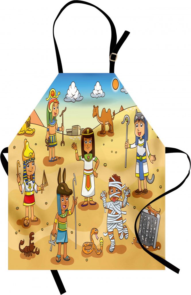 ABAKUHAUS Karikatur Kochschürze, Historische Ägypten-Charaktere mit Pyramiden Kleopatra-König Mummy Child Design Image, Farbfest Höhenverstellb...