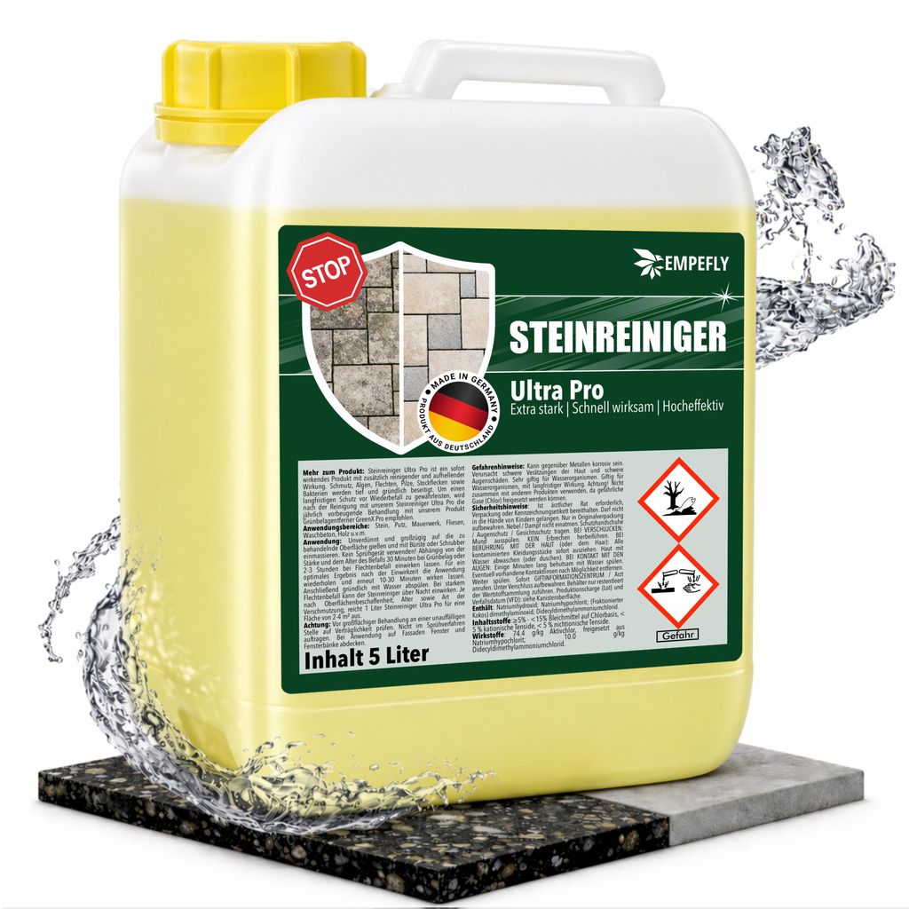Empefly Steinreiniger Ultra Pro, intensiver Steinreiniger für außen mit Sofortwirkung, entfernt Schmutz, Grünbelag & Flechten auf Steinen 1x 5L