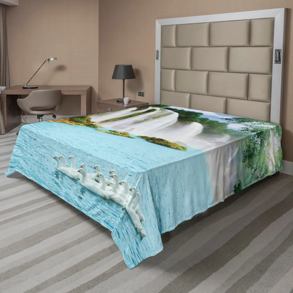 Drap plat décoratif motif Cascade et Cygnes 244x205 cm pour Lit Double